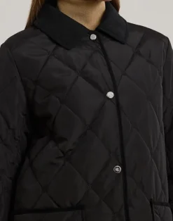 Corduroy-Trim Logo Quilted Hooded Coat