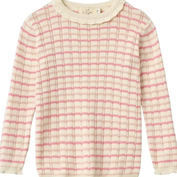 KNITTED STRIPE POINTELLE LS BLOUSE