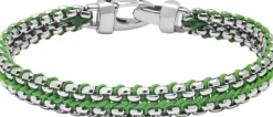 Men's Green Woven 8mm Box Chain Bracelet in Silver
