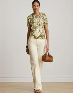 Palm-Frond-Print Short-Sleeve Sweater